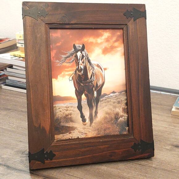 Framed wooden digital created picture of a horse running through the plains - Picture 1 of 4